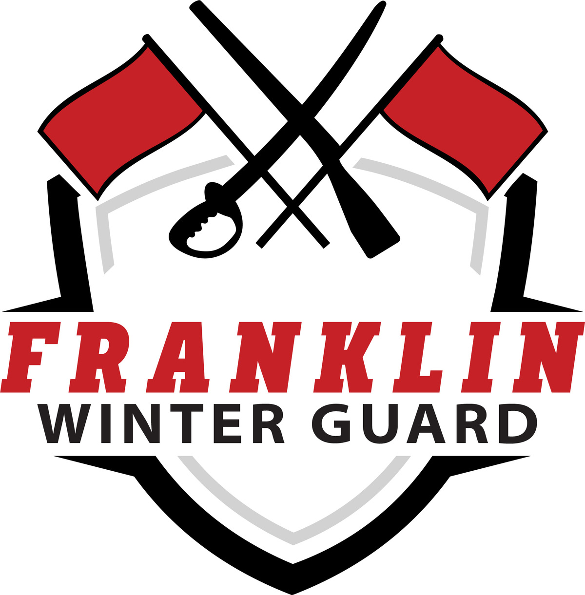 A shield with two flags, a rifle, and a sword with handles crossed over the words Franklin Winter Guard